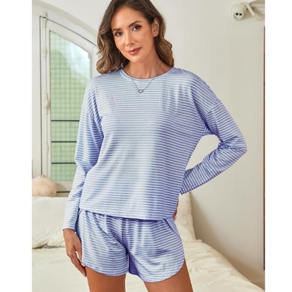 Long Sleeve Pajama Lounge Matching Set Striped Sleepwear Blue - Picture 2 of 6